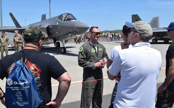Capt. Alex Nielson, a F-35 pilot from the the 158th Fighter Wing of the Vermont National Guard talks abut the capabilities of his plane to crowds at the Westfield International Air Show at Barns Air National Guard Base. Nielson is from Easthampton. (Daniel Jackson/Republican staff)