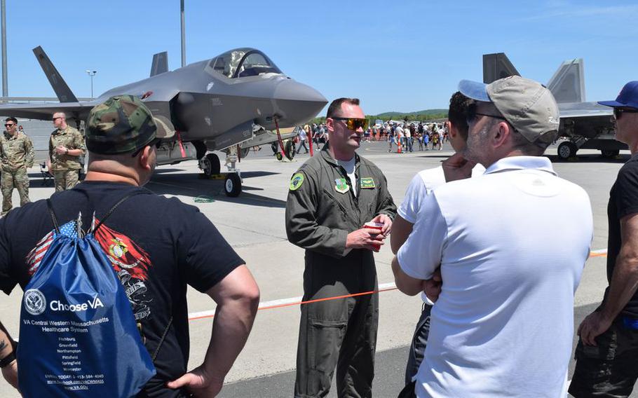 Capt. Alex Nielson, a F-35 pilot from the the 158th Fighter Wing of the Vermont National Guard talks abut the capabilities of his plane to crowds at the Westfield International Air Show at Barnes Air National Guard Base, Mass.