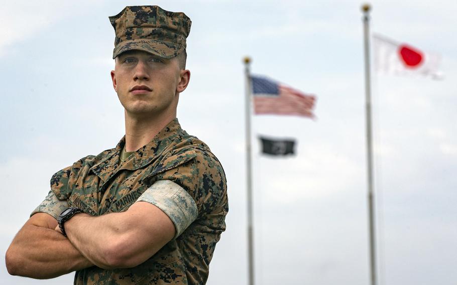 Marine Cpl. Eric John Niss-De Jesus, 24, of Mountain Lake, Minn., poses for a photo at Camp Foster, Okinawa, April 16, 2021. 