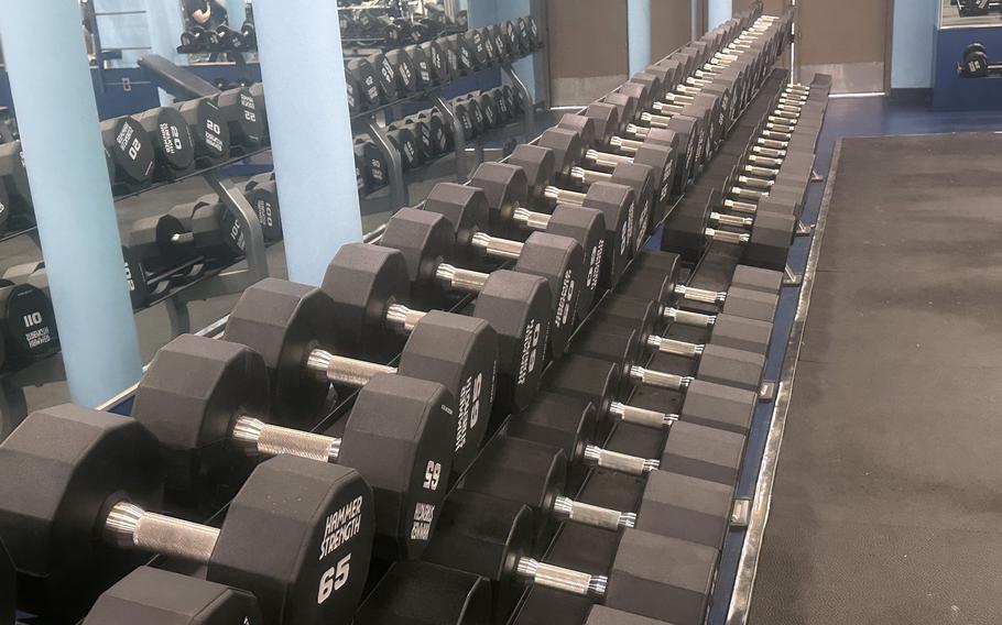 Dumbbells stand ready to use on long racks in a gym.