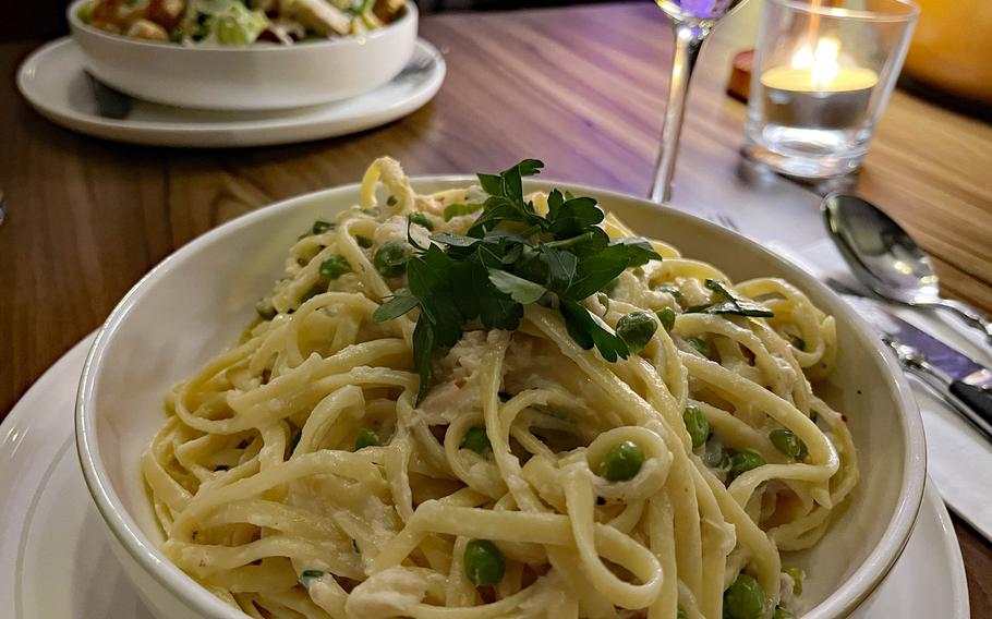 Creamy pasta with smoked trout, peas and horseradish is one of the main courses at Mathilda in Wiesbaden. The menu has roughly 20 items.