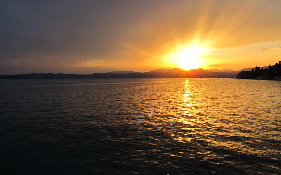 One of the features of dining at the restaurant in Hotel Catullo in Sirmione, Italy, is the view, with fabulous sunsets almost every evening.