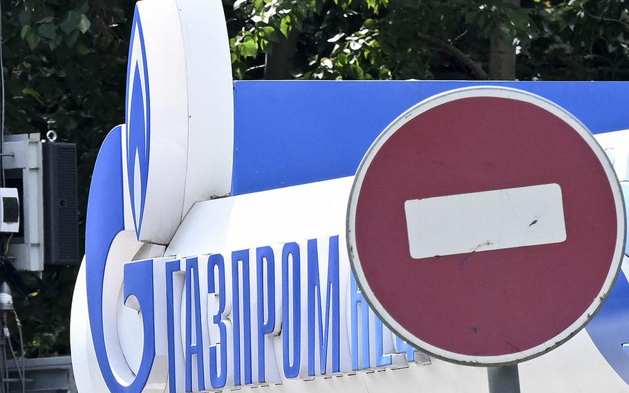 The logo of Russia’s energy giant Gazprom is pictured at one of its petrol stations in Moscow on July 11, 2022.