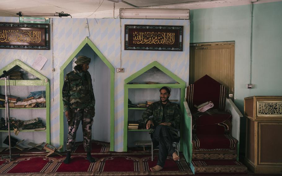 Young Taliban fighters inside a mosque last month at a former U.S. military outpost in Ghazni province. 
