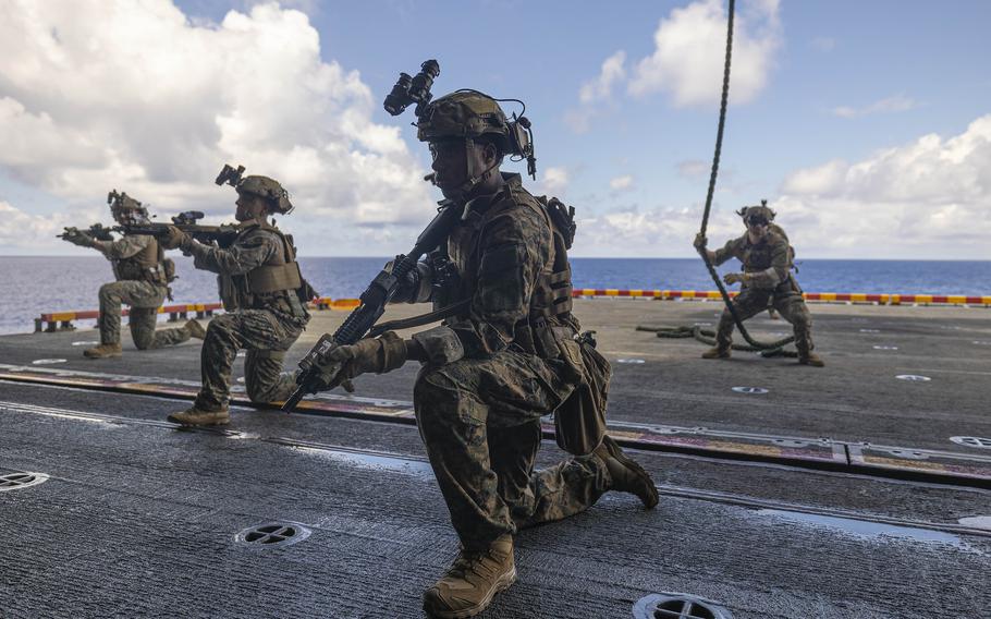 U.S. Marines train aboard the USS Bataan in mid-July. 