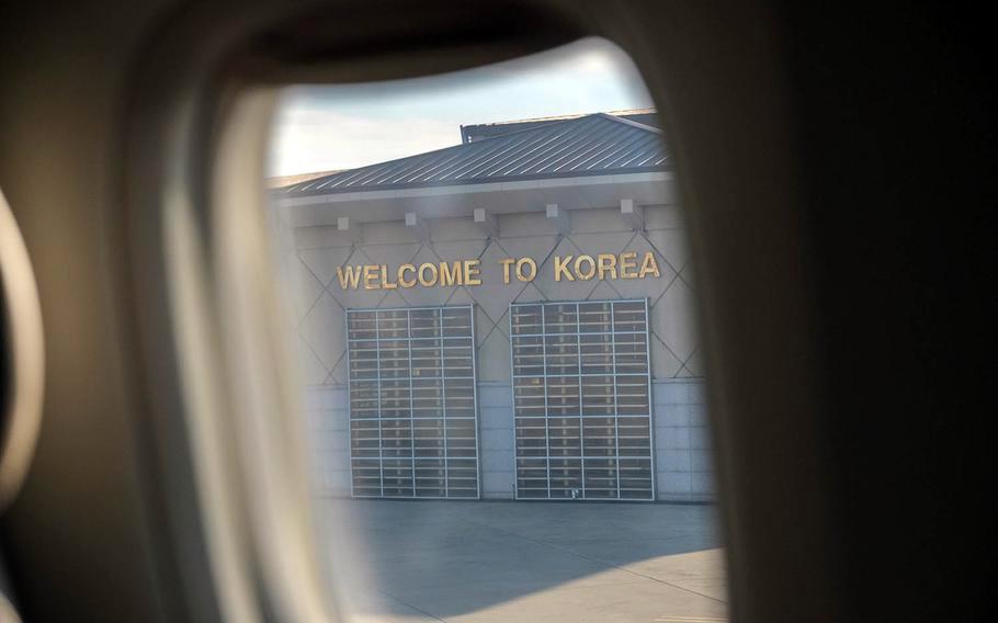A Patriot Express flight arrives at Osan Air Base, South Korea, Oct. 28, 2020. 