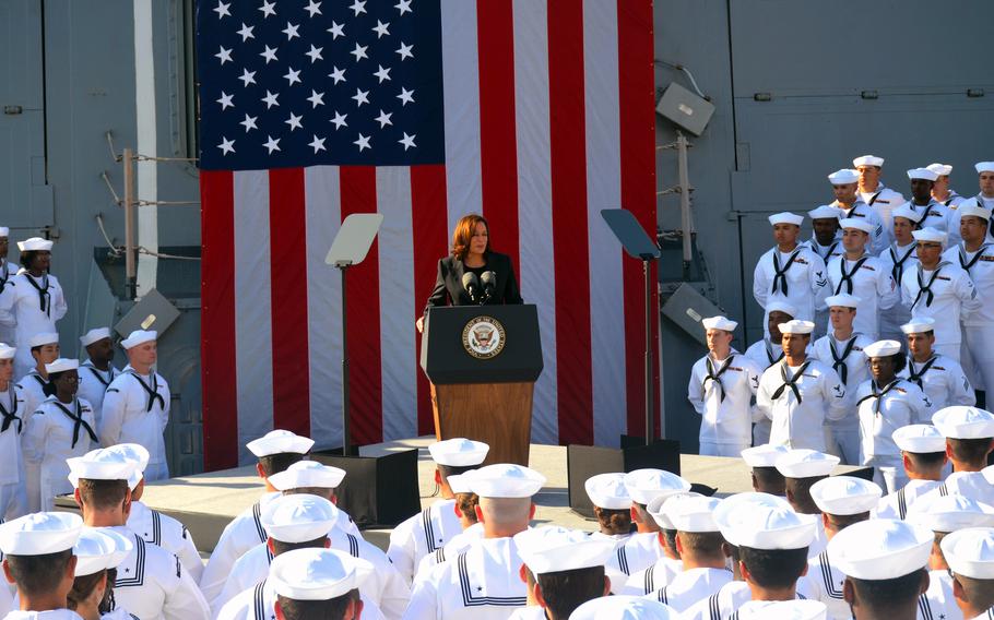 Vice President Kamala Harris addresses sailors aboard the destroyer USS Howard at Yokosuka Naval Base, Japan, Wednesday, Sept. 28, 2022. 