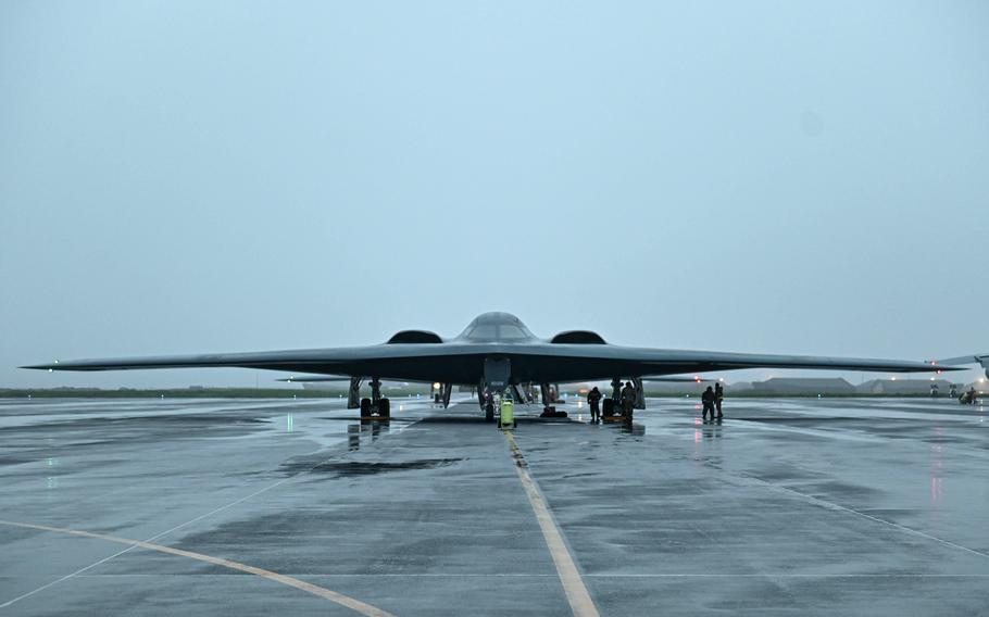 A B-2 Spirit stealth bomber arrives at Keflavik Air Base, Iceland, on Aug. 23, 2021. Three stealth bombers spent an extended deployment at the Iceland base.