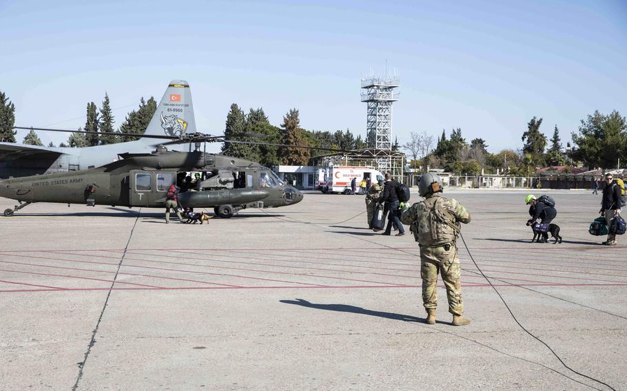 Army UH-60 Black Hawk helicopters transport civilian disaster assistance response teams from Incirlik Air Base, Turkey, to Adiyaman, Feb. 10, 2023.  Following a 7.8 magnitude earthquake that struck Turkey on Feb. 6, U.S. military forces are providing assistance and relief.