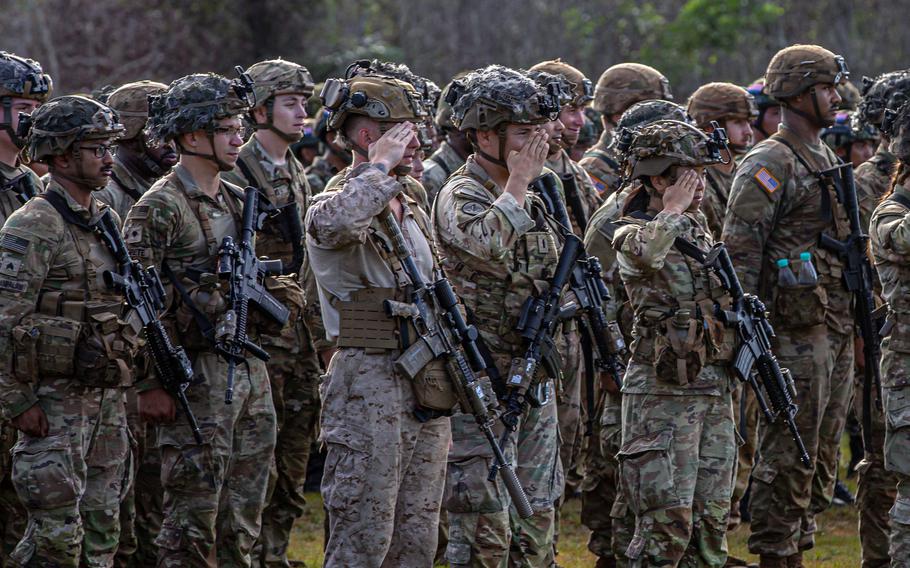 U.S. soldiers and Marines attend the opening ceremony for Keris Strike at Fort Paradise, Malaysia, June 28, 2024. 