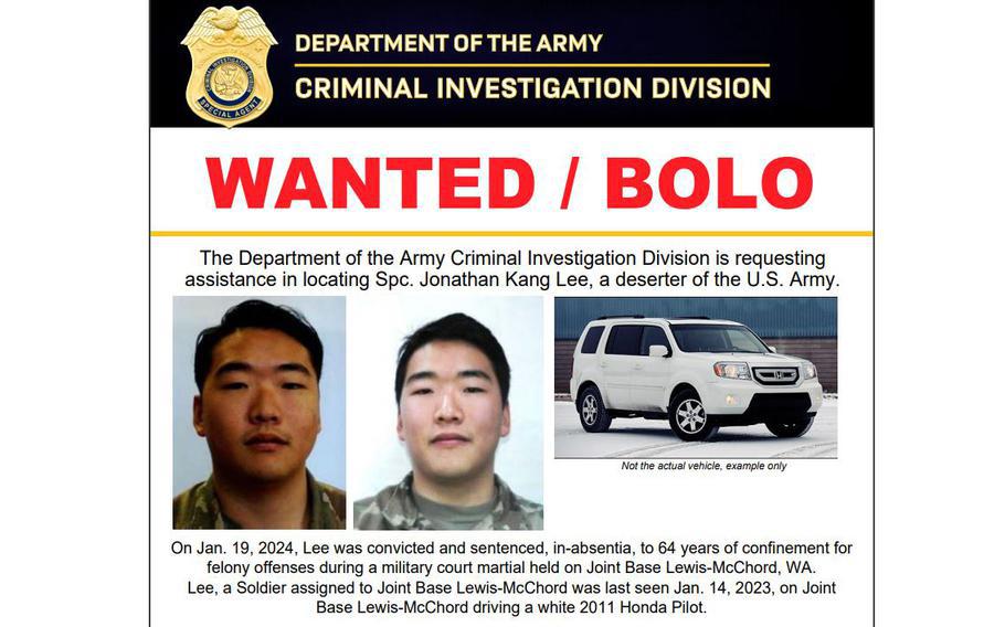 The Army issued a “WANTED” poster for Spc. Jonathan Kang Lee after he deserted from Joint Base Lewis-McChord on Jan. 14, 2024. “BOLO” is an acronym for “Be On the Look Out.” Lee was apprehended Friday, Jan. 26, 2024, in Redmond, 43 miles north of the base near Tacoma, Wash.