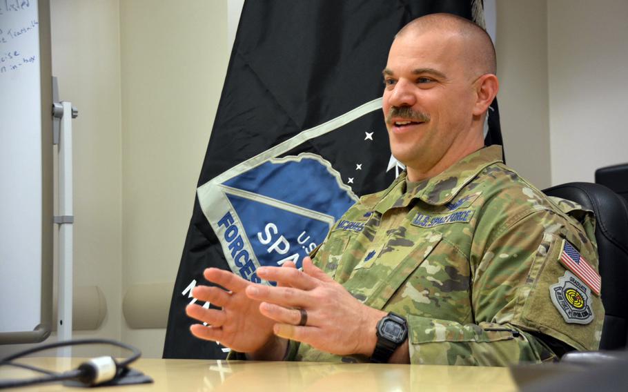 Lt. Col. Joshua McCullion, the commander of U.S. Space Forces Korea, speaks to Stars and Stripes at Camp Humphreys, March 3, 2023. 