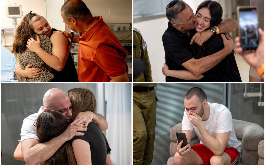 A combination picture shows (clockwise from top left) former hostages Almog Meir Jan (center), Noa Argamani (left), Andrey Kozlov, and Shlomi Ziv (left), who were held by Hamas in Gaza and rescued more than eight months later in a special operation by Israeli forces in the Gaza Strip, after their arrival in Ramat Gan, Israel June 8, 2024.