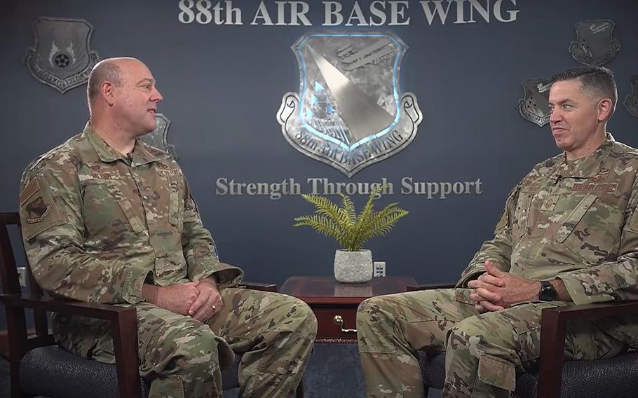 Col. Pat Miller and Chief Master Sgt. Jason Shaffer, both soon ending their tours at Wright-Patterson, spoke with each other in the 18-minute-plus video, posted Tuesday, July 5, 2022, to Facebook.