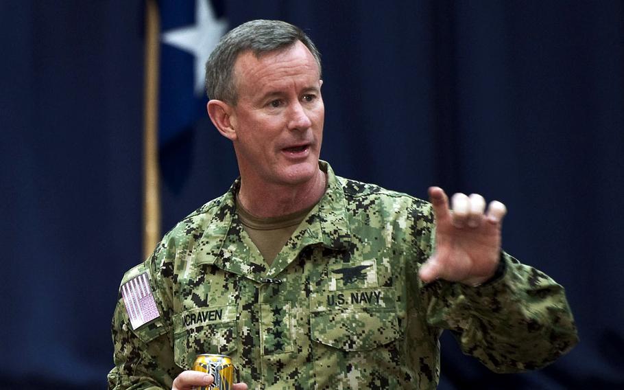 Retired U.S. Navy Adm. William McRaven, commander of the U.S. Special Operations Command, speaks to special operations commanders during a commander’s call at Hurlburt Field, Fla., Jan. 30, 2012.