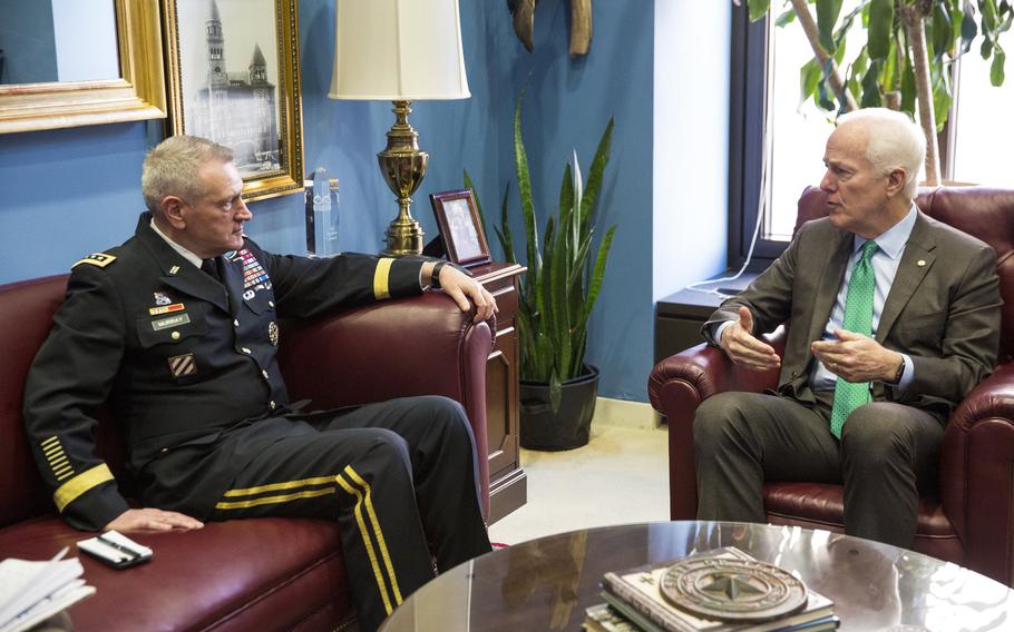 Sen. John Cornyn, R-Texas, met with Gen. John Murray in January 2019 about Army Futures Command, which is headquartered in Austin, Texas. Murray served as commander of Futures Command from its activation in August 2018 until his retirement in December.