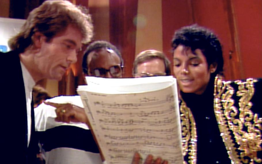 From left, Huey Lewis, Quincy Jones and Michael Jackson in “The Greatest Night in Pop.”