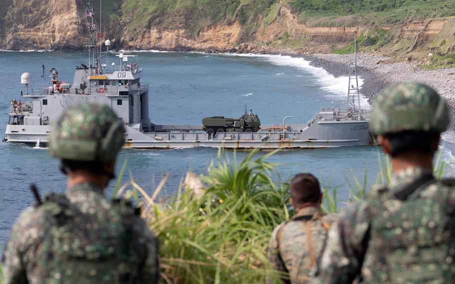 The USAV Calaboza transports a High Mobility Artillery Rocket System, or HIMARS, during Balikatan training in the Philippines, April 23, 2023. 