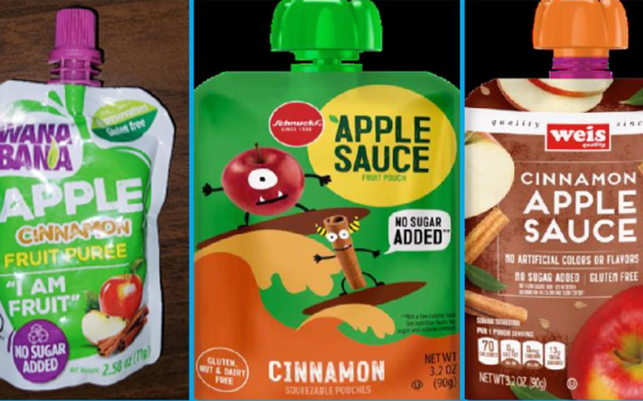 This image provided by the U.S. Food and Drug Administration on Thursday, Nov. 17, 2023, shows three recalled applesauce products - WanaBana apple cinnamon fruit puree pouches, Schnucks-brand cinnamon-flavored applesauce pouches and variety pack, and Weis-brand cinnamon applesauce pouches. In December 2023, the U.S. Food and Drug Administration launched an inspection of a plant in Ecuador that made the cinnamon applesauce pouches linked to dozens of cases of acute lead poisoning in U.S. children. 
