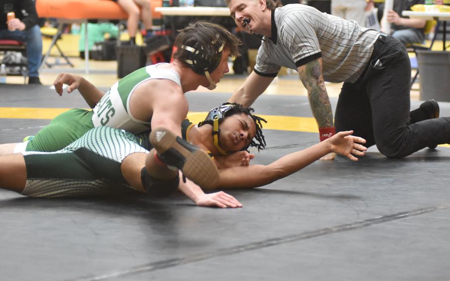 Naples’ Sam Pounds remained unbeaten Friday, Feb. 9, 2024, with a victory over SHAPE’s Donovan Traylor at 150 pounds in the opening round of the DODEA European Wrestling Championships at Wiesbaden, Germany.
