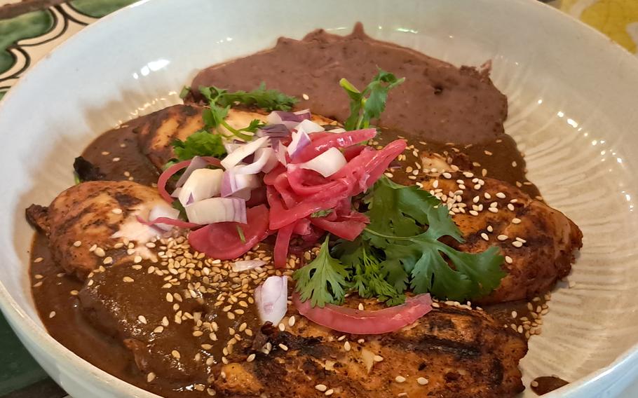 Chicken in mole as served at El Pacifico Mexican restaurant in Frankfurt, Germany.