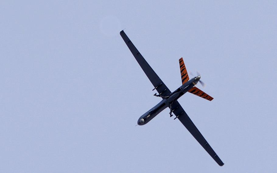 An MQ-9 Reaper drone flies over Creech Air Force Base, Nev., Jan. 24, 2024. A Defense Department official confirmed Feb. 29 that a U.S. Reaper was targeted in the Red Sea earlier in the week by a warship that German defense officials said was the frigate Hessen.