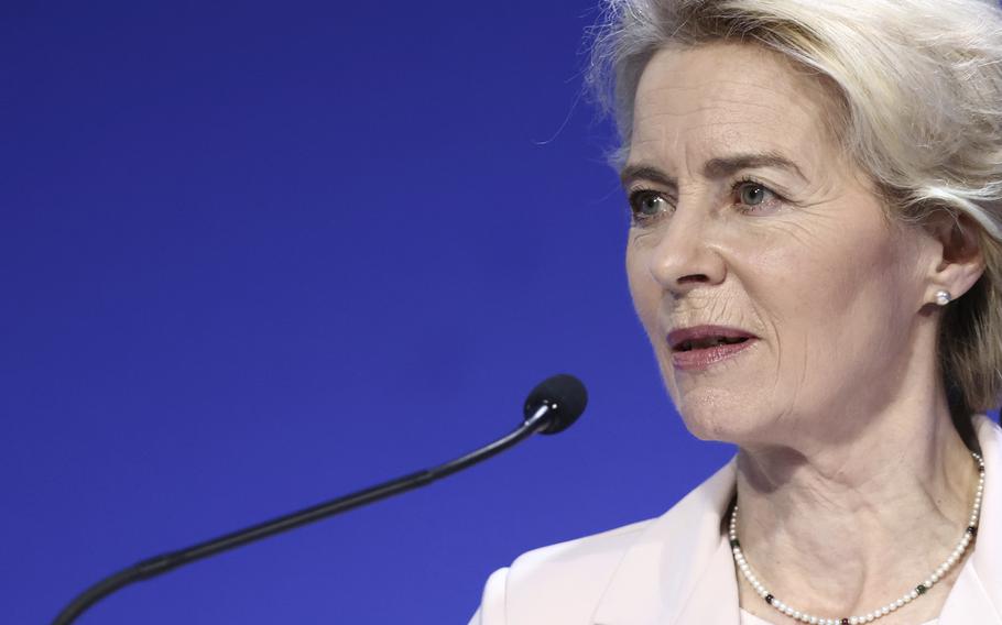 European Commission President Ursula von der Leyen addresses the opening session on the first day of the Ukraine Recovery Conference on June 21, 2023, in London. European Union countries agreed on new sanctions against Russia for its aggression toward Ukraine.