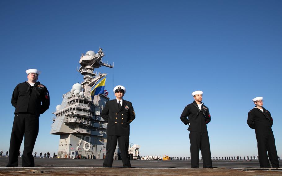 Sailors assigned to the USS Gerald R. Ford man the rails upon return from the ship’s eight-month maiden deployment, Wednesday, Jan. 17, 2024.