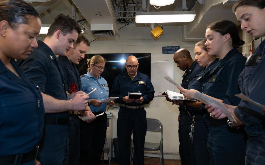 Sailors aboard the Arleigh Burke-class guided-missile destroyer USS Porter (DDG 78), attend a liturgical service led by German navy Chaplain Dr. Katja Bruns, June 6, 2022, during BALTOPS22. BALTOPS22 is the premier maritime-focused exercise in the Baltic Region.