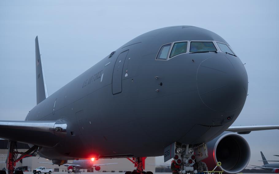 A new KC-46A Pegasus arrives at Joint Base McGuire-Dix-Lakehurst, N.J., Jan. 21, 2022. The Air Force announced Monday, Jan. 24, that March Air Reserve Base in California is the “preferred destination” for 12 KC-46A Pegasus tankers.