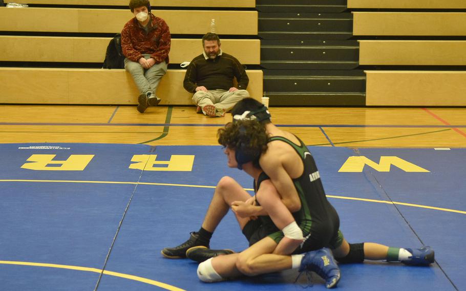 AFNORTH's Jayden Szymczak tries to maintain control on Hohenfels' Ian Farrell during a match in Wiesbaden, Germany, on Saturday, Jan. 22, 2022.