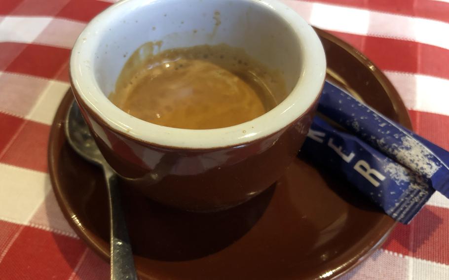 A post-meal espresso on a recent visit to Pizza and Pasta Da Angelo in Frankfurt. The only dessert item on the menu is tiramisu, which was unavailable that day. 