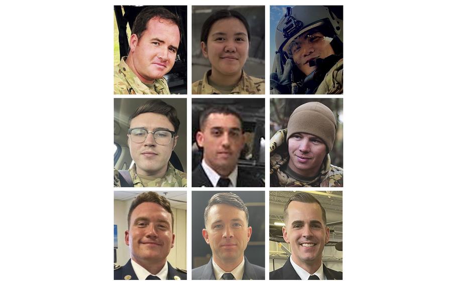 Top row from left: Chief Warrant Officer 2 Zachary G. Esparza; Cpl. Emilie Marie Eve Bolanos; and Sgt. Isaac John Gayo. Center row from left: Sgt. David Solinas Jr.; Chief Warrant Officer 2 Rusten Smith; and Staff Sgt. Taylor Mitchell. Bottom row from left: Staff Sgt. Joshua C. Gore; Warrant Officer 1 Aaron M. Healy and Warrant Officer 1 Jeffery A. Barnes.