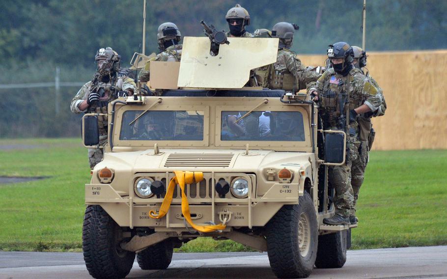 After capturing a "terrorist," special operations forces speed away from the scene during an exercise hosted by the U.S. Special Operations Command Europe at Baumholder, Germany, in 2014. Groundwork is being laid to turn Baumholder into a hub for U.S. special operations forces in Europe. 