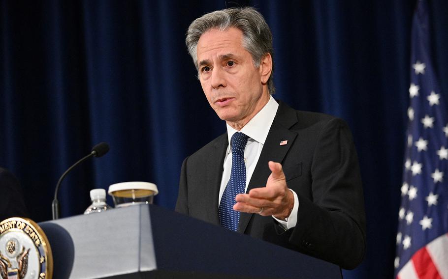 Secretary of State Antony Blinken speaks during a press conference with NATO Secretary General Jens Stoltenberg at the State Department in Washington on Jan. 29, 2024. 