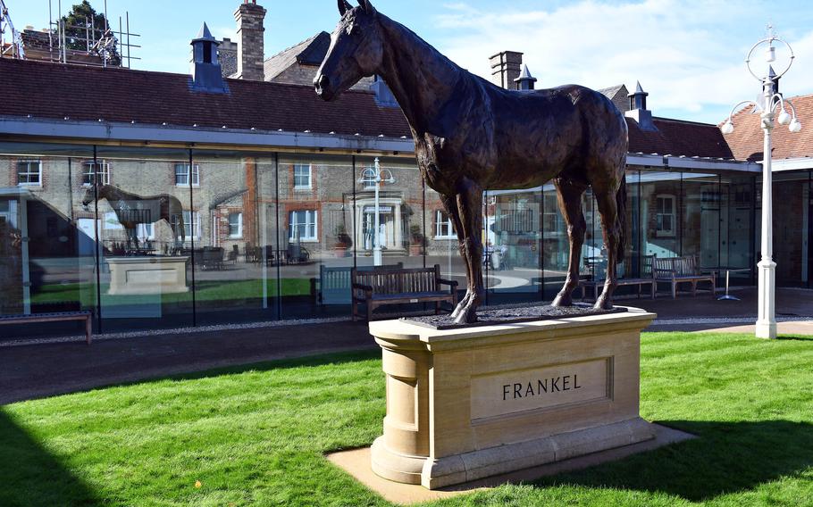 A statue of horseracing titan Frankel stands in the center of the courtyard at the National Horse Racing Museum in Newmarket, England. 