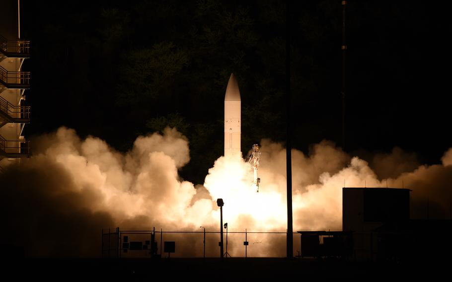 A hypersonic glide body launches from Pacific Missile Range Facility, Kauai, Hawaii, March 19, 2020, during a Missile Defense Agency flight experiment.