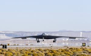 A B-21 Raider conducts flight testing at Edwards Air Force Base, Calif., in September 2024. A second B-21 is expected to be flying by the end of the year, Lt. Gen. Andrew Gebara, the Air Force's deputy chief of staff for strategic deterrence and nuclear integration, said Aug. 27, 2025.
