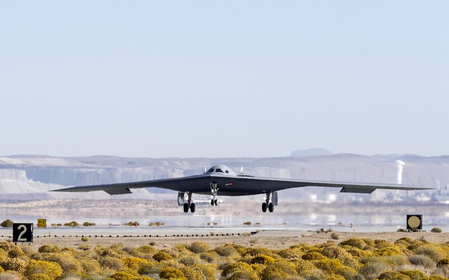 A B-21 Raider conducts flight testing at Edwards Air Force Base, Calif., in September 2024. A second B-21 is expected to be flying by the end of the year, Lt. Gen. Andrew Gebara, the Air Force's deputy chief of staff for strategic deterrence and nuclear integration, said Aug. 27, 2025.