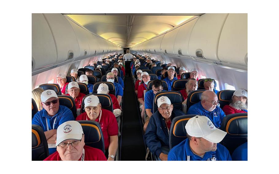 Eastern Iowa Honor Flight participants fill the seats of an airplane that took them to and from the Nation’s Capitol on Sept. 20, 2023, for a tour of the area’s war memorials.