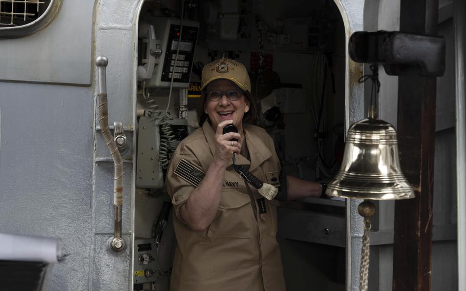 Chief of Naval Operations Adm. Lisa Franchetti welcomes the Arleigh Burke-class destroyer USS Carney (DDG 64) to Norfolk, Va., Friday, May 10, 2024.