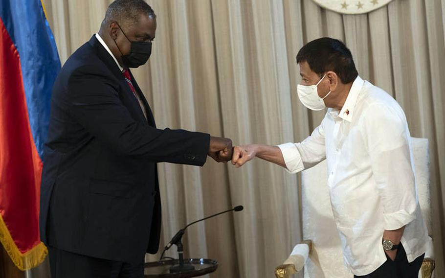 Defense Secretary Lloyd Austin meets with Philippine President Rodrigo Duterte in Manila late Thursday, July 29, 2021.