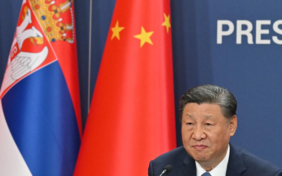 Chinese President Xi Jinping attends a press conference with Serbian President Aleksandar Vucic (not pictured) after signing bilateral documents, in Belgrade, on Wednesday, May 8, 2024.