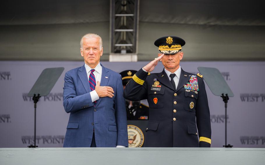 As vice president in 2016, Joe Biden stands with Army Lt. Gen. Robert Caslen, then the superintendent of the U.S. Military Academy at West Point, N.Y., at the school’s commencement. Biden will give commencement speech at the Class of 2024 graduation next month.