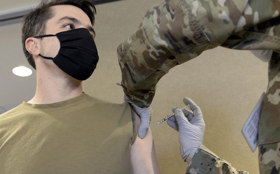 An airman receives the COVID-19 vaccine at Wright-Patterson Air Force Base, Ohio, Jan. 29, 2021. 