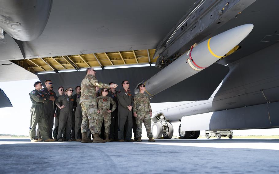 B-52 Stratofortress bomber crews take part in hypersonic weapon familiarization training at Andersen Air Force Base, Guam, on Feb. 27, 2024.