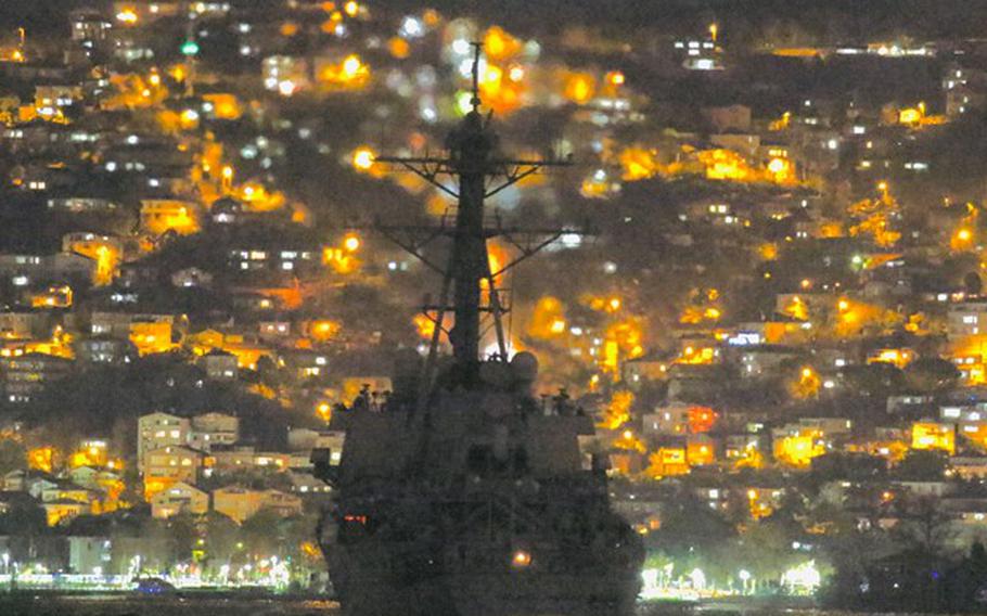 The USS Arleigh Burke transits the Bosporus near Istanbul, Turkey, Nov. 25, 2021. The destroyer entered the Black Sea, where the Navy said it will operate alongside NATO allies and partners in the region.