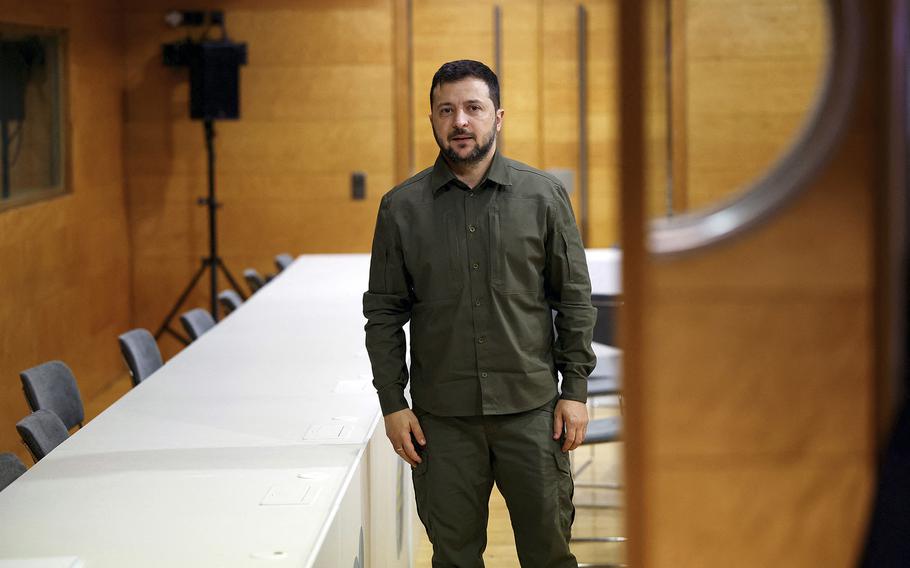 Ukraine's President Volodymyr Zelenskyy looks on before meeting British Prime Minister Rishi Sunak during the European Political Community summit in Granada, Spain, on Thursday Oct. 5, 2023. 
