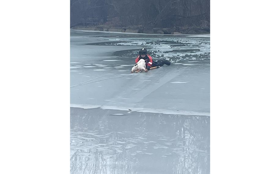 A Coast Guard crew from Station Belle Isle rescues a dog that fell through the ice into the Detroit River.