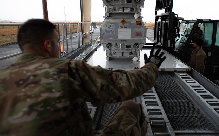 Airmen assigned to the 305th Aerial Port Squadron secure a pallet of equipment at Joint Base McGuire-Dix-Lakehurst, N.J., on March 24, 2022. The 305th Air Mobility Wing was sending equipment to Europe as part of the U.S. security assistance to Ukraine. President Joe Biden announced Wednesday, April 13, 2022, that the U.S. will send another $800 million in weapons, ammunition and other military aid to Ukraine.